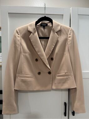 Express Cropped Double-Breasted Blazer in Light Beige